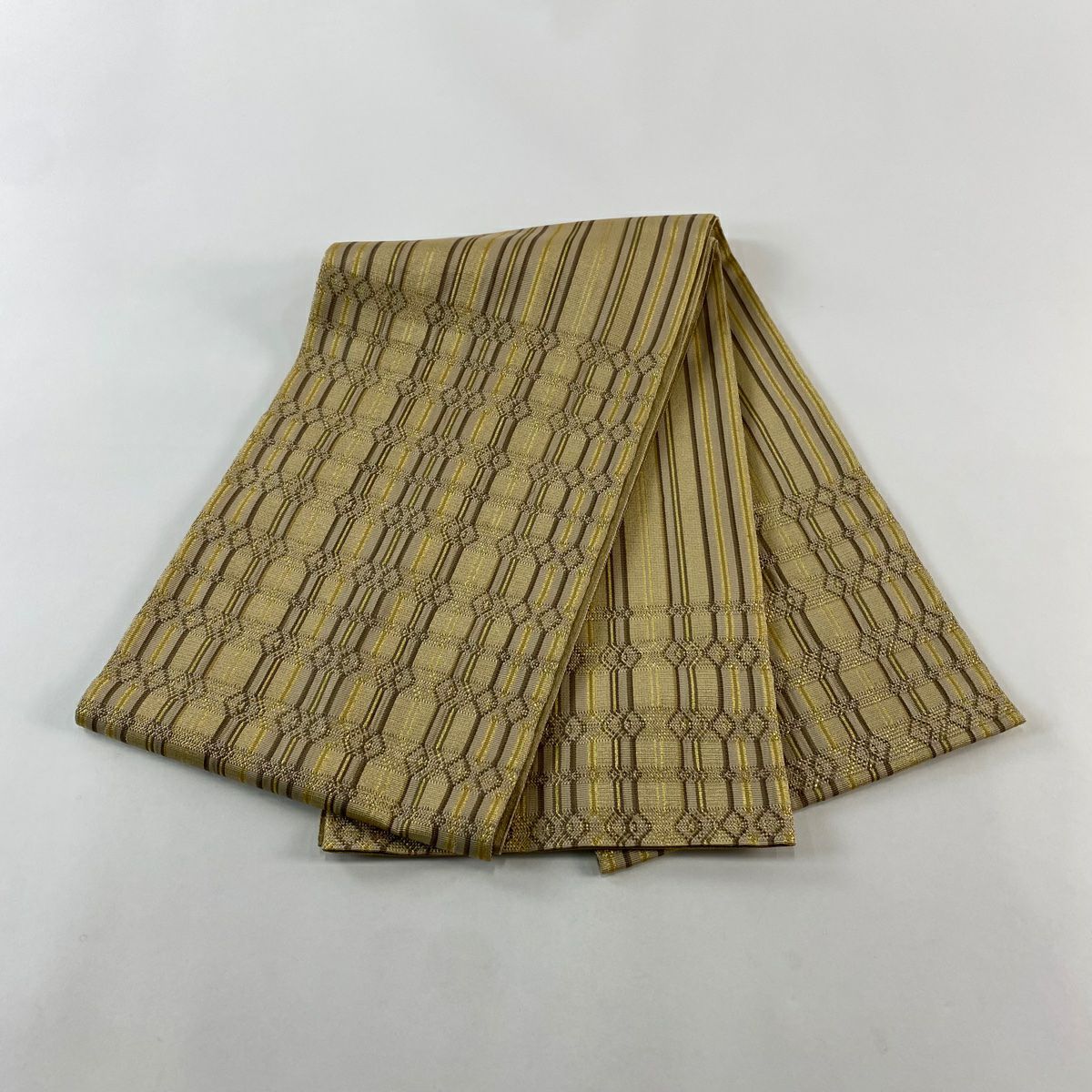 【美品】 袋帶 名品級 橫段 紋理 金絲 淺茶 細腰帶圖案 純蠶絲