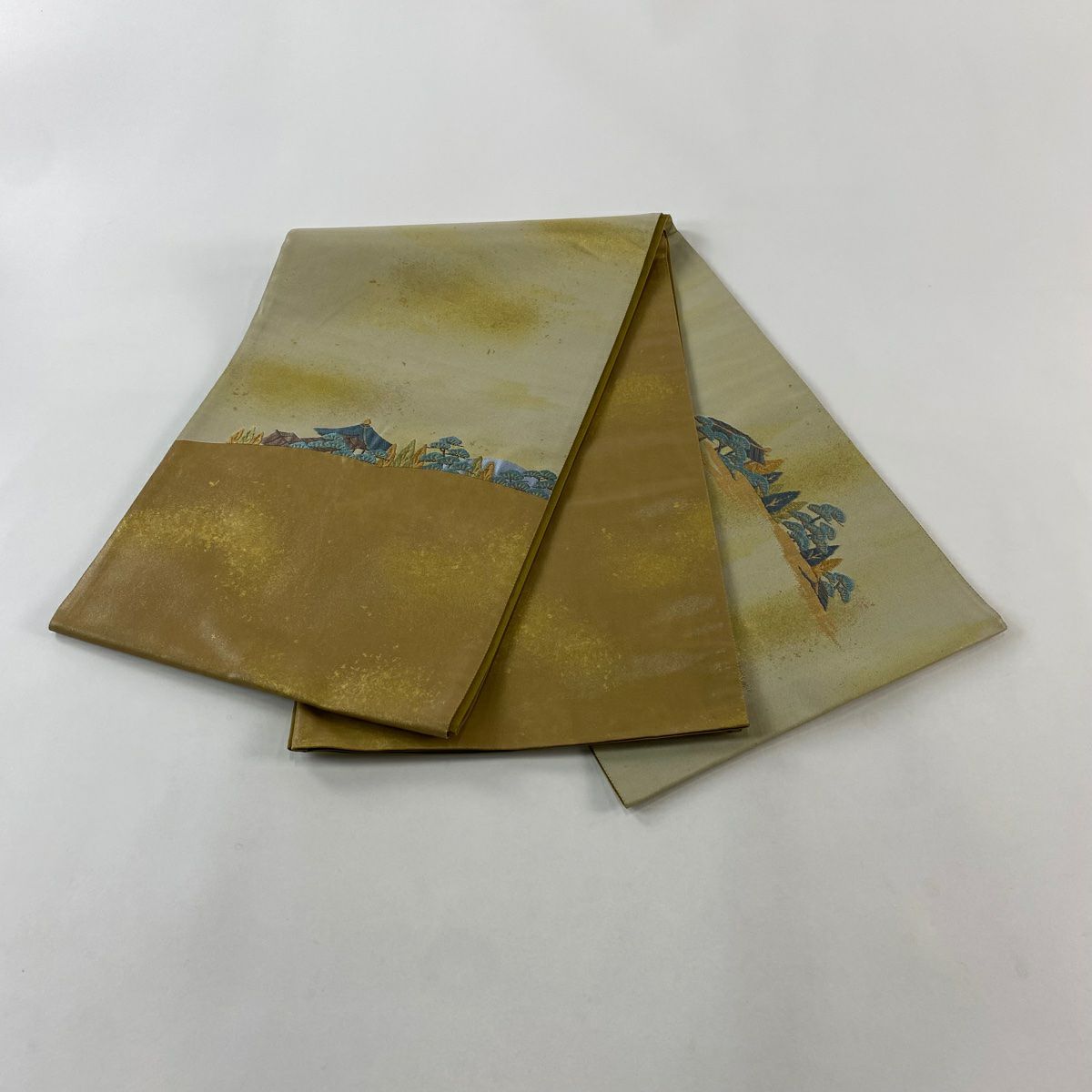 【庫存清倉】 袋帶 名品級 附落款 延曆寺 笠松樹 金金箔 金銀彩 淺茶 細腰帶圖案 純蠶絲