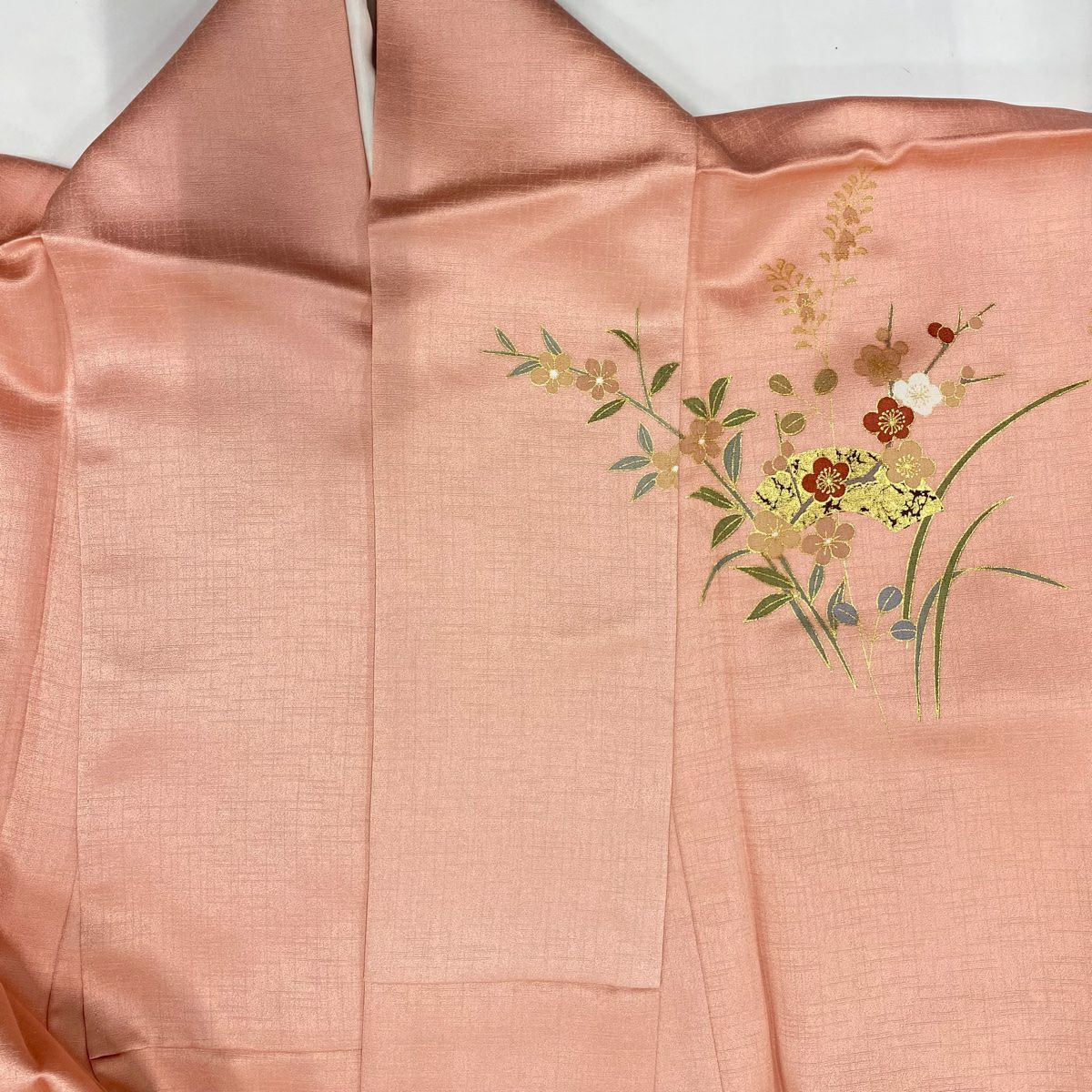 訪問服 身長164.5cm 袖長67.5cm L 雙層 扇子面 草花紋紋 金彩裝飾 漸層 粉色 純蠶絲 優品級