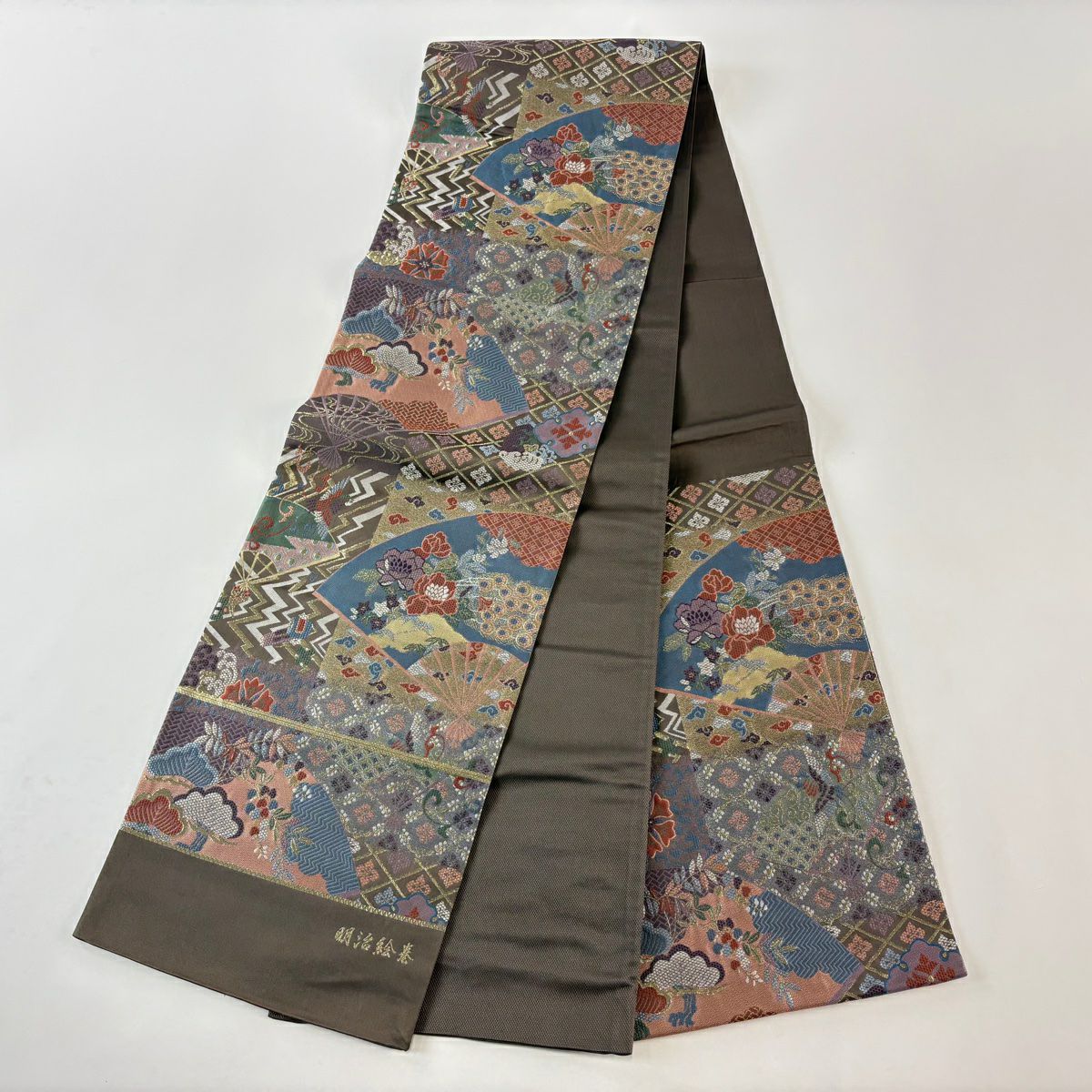 【美品】 袋帶 秀品級 明治畫卷 扇子 金絲 茶紫 六通 純蠶絲