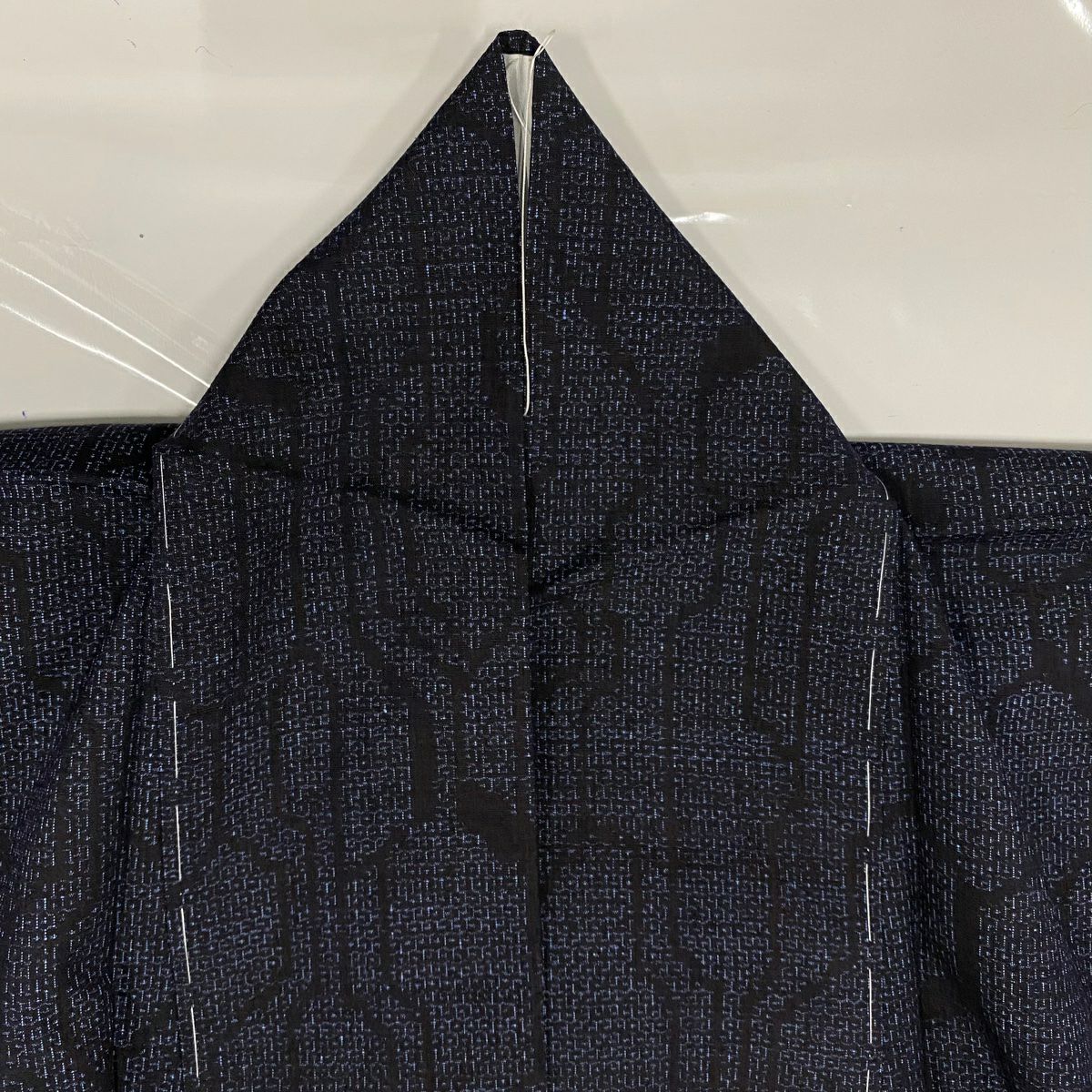 【美品】 紬織織 身長158cm 袖長63.5cm S 雙層 龜甲 龜甲絣 深藍 純蠶絲 秀品級