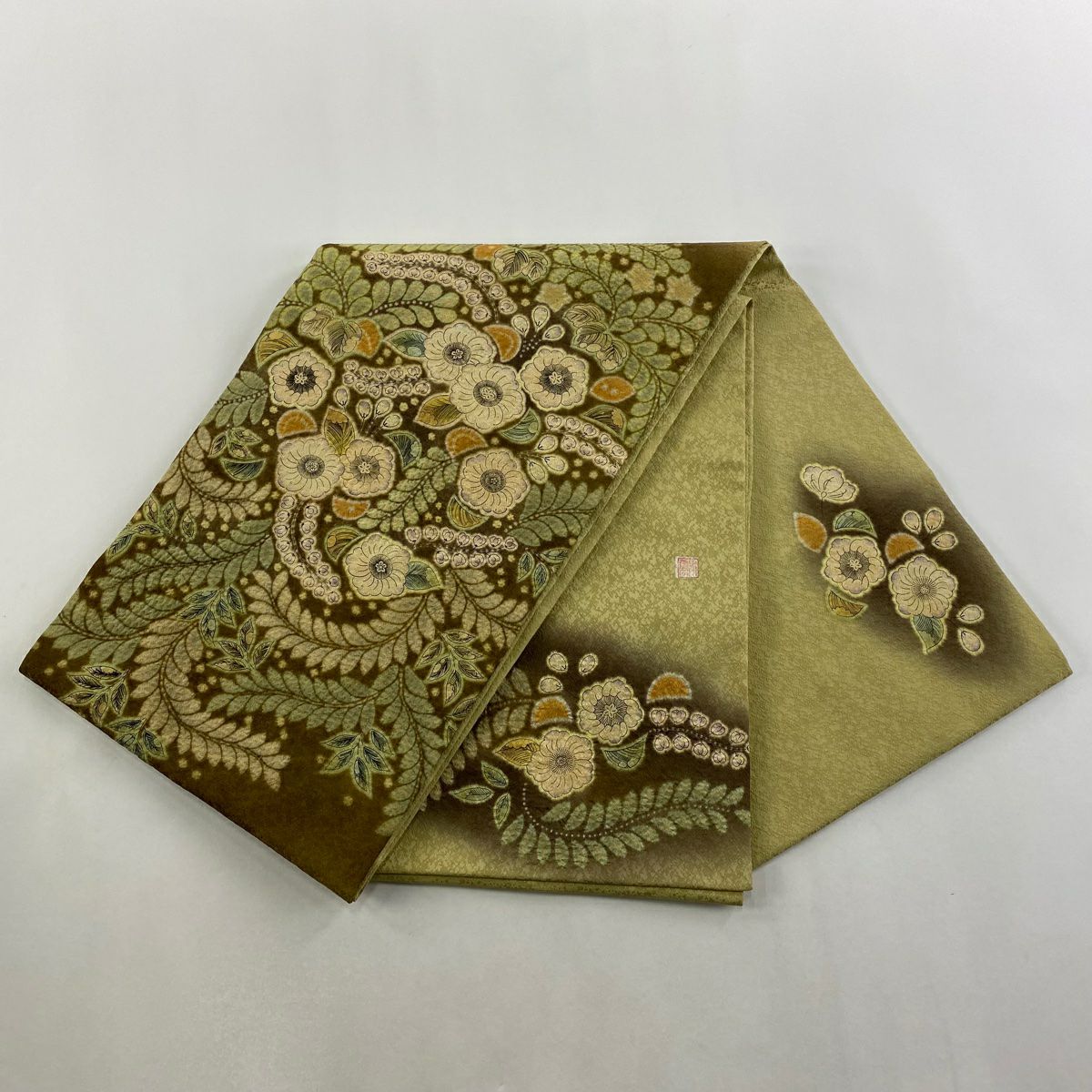 【美品】 袋帶 名品級 附落款 辻花染圖案 金線 茶色 大鼓圖案 純蠶絲