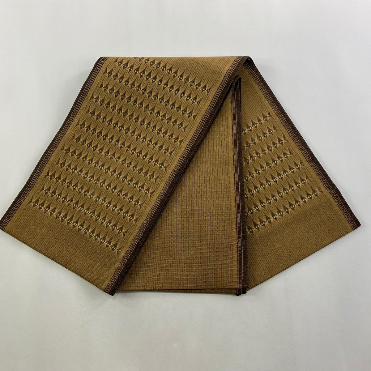 【美品】 袋帶 名品級 條紋 幾何學 茶 お太鼓圖案 純蠶絲