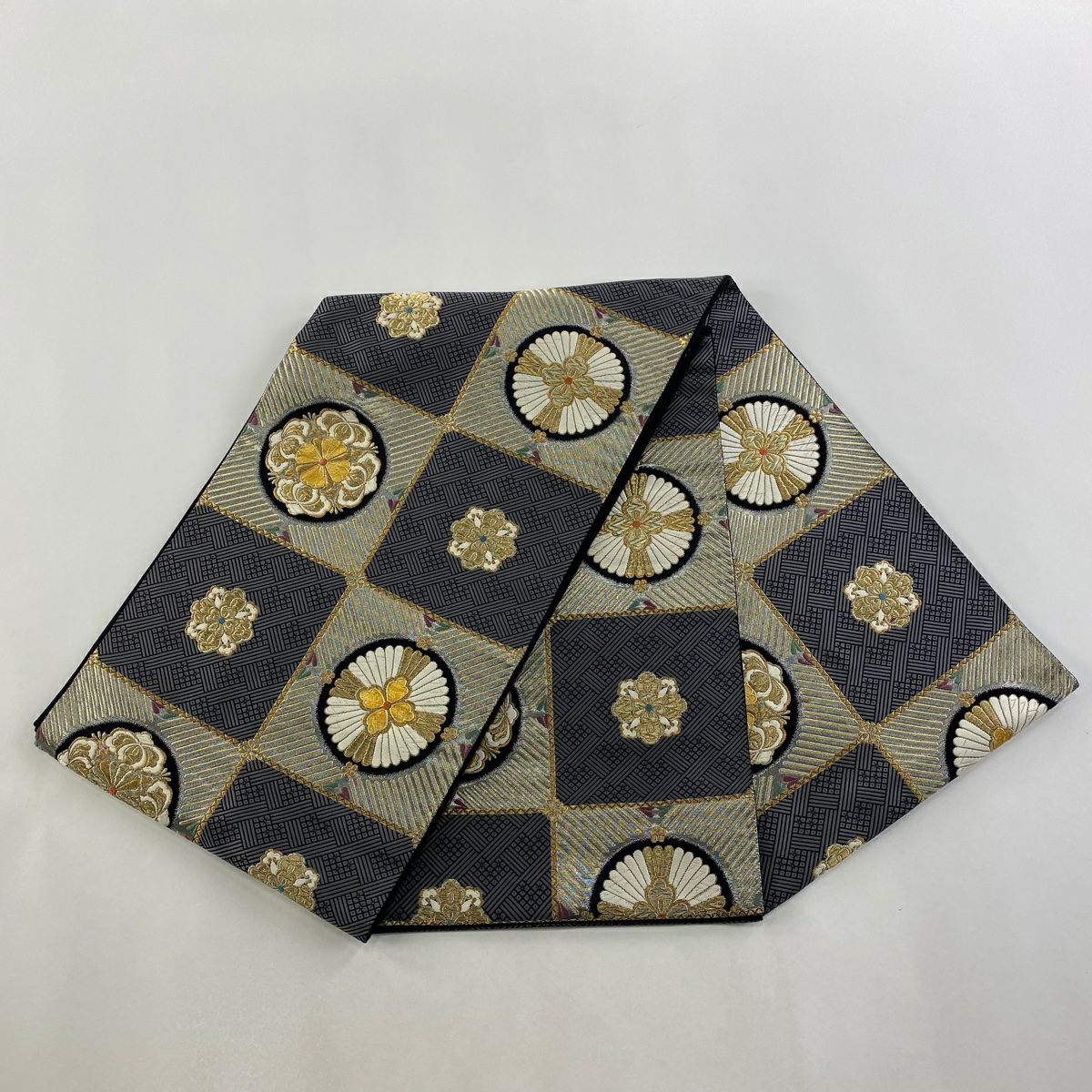 袋帶 逸品級 附有落款 じゅらく黃金繭 華紋 格子 金絲 刺繡 灰 深藍 六通 純蠶絲