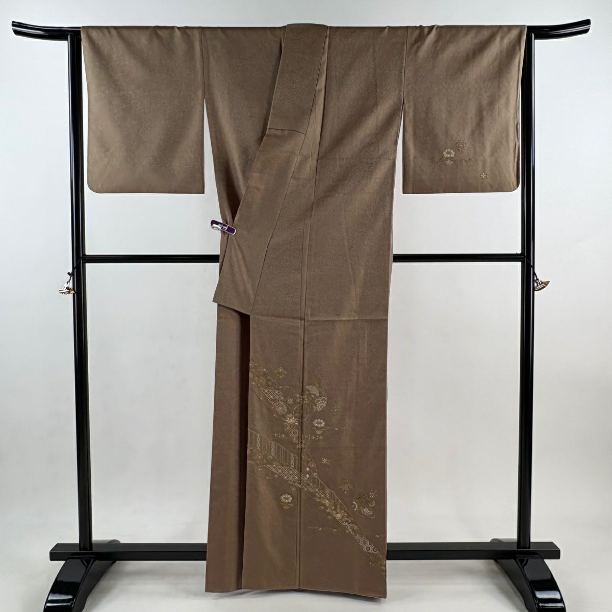 付下 身長161.5cm 袖長66cm M 雙層 召地 花丸紋 龜甲 相良刺繡 金線 茶綠 純蠶絲 逸品級 一つ紋