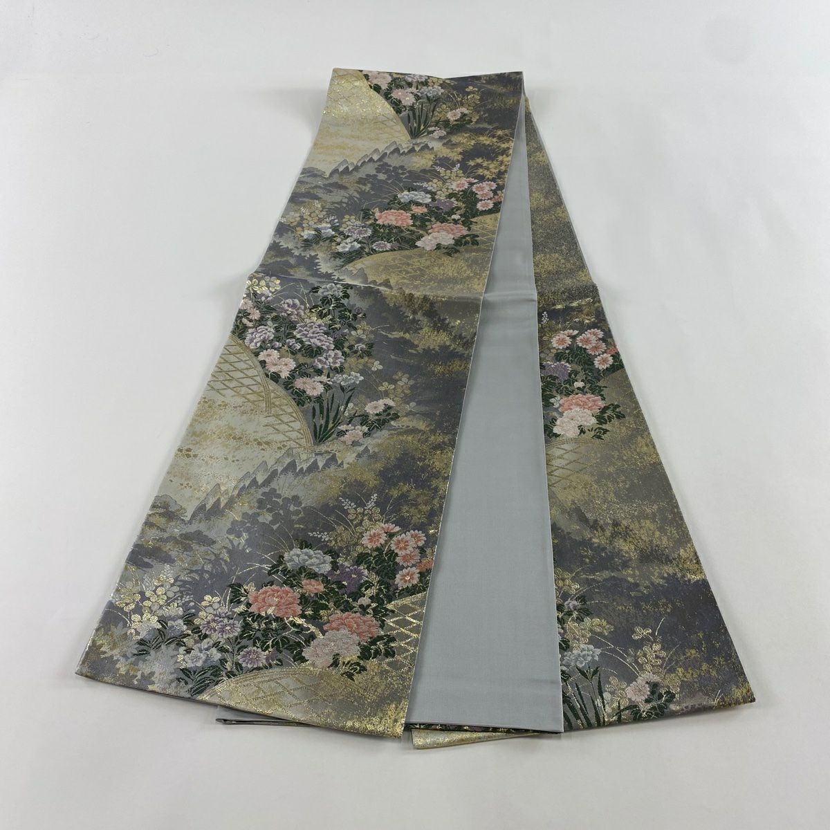 【美品】 袋帶 秀品級 草花紋紋 光悅垣 唐織 金金箔 青灰 六通 純蠶絲