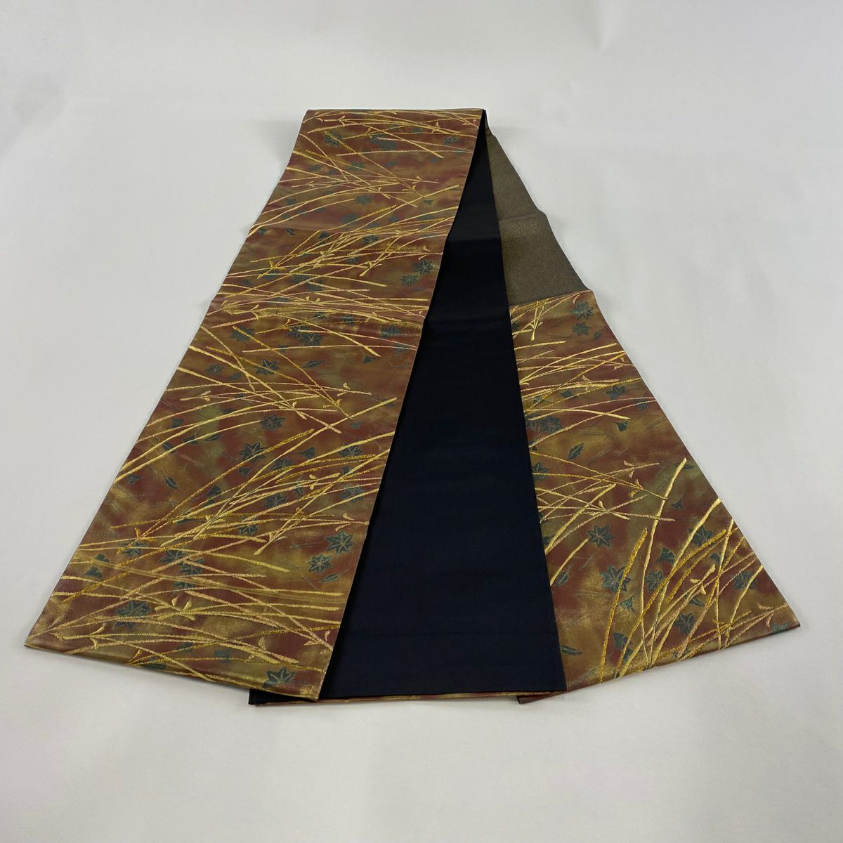 【美品】 袋帶 秀品級 吹寄 霞 金金箔 焦茶 六通 純蠶絲