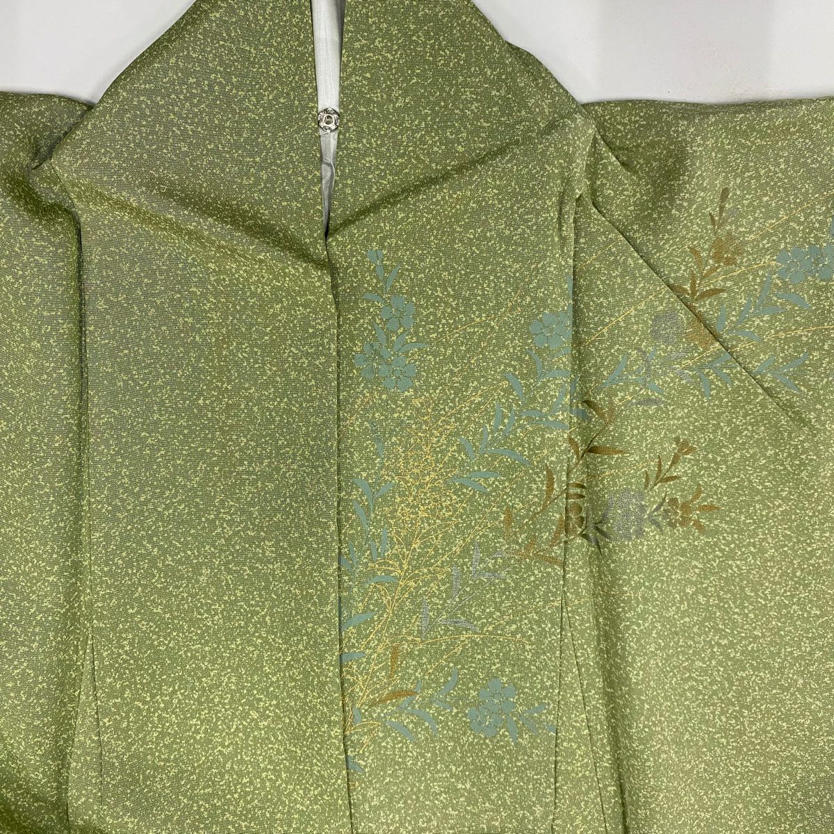 訪問服 身長153cm 袖長64cm M 雙層 雪輪 草花紋紋 刺繡 金銀彩 艾草色 純蠶絲 秀品級
