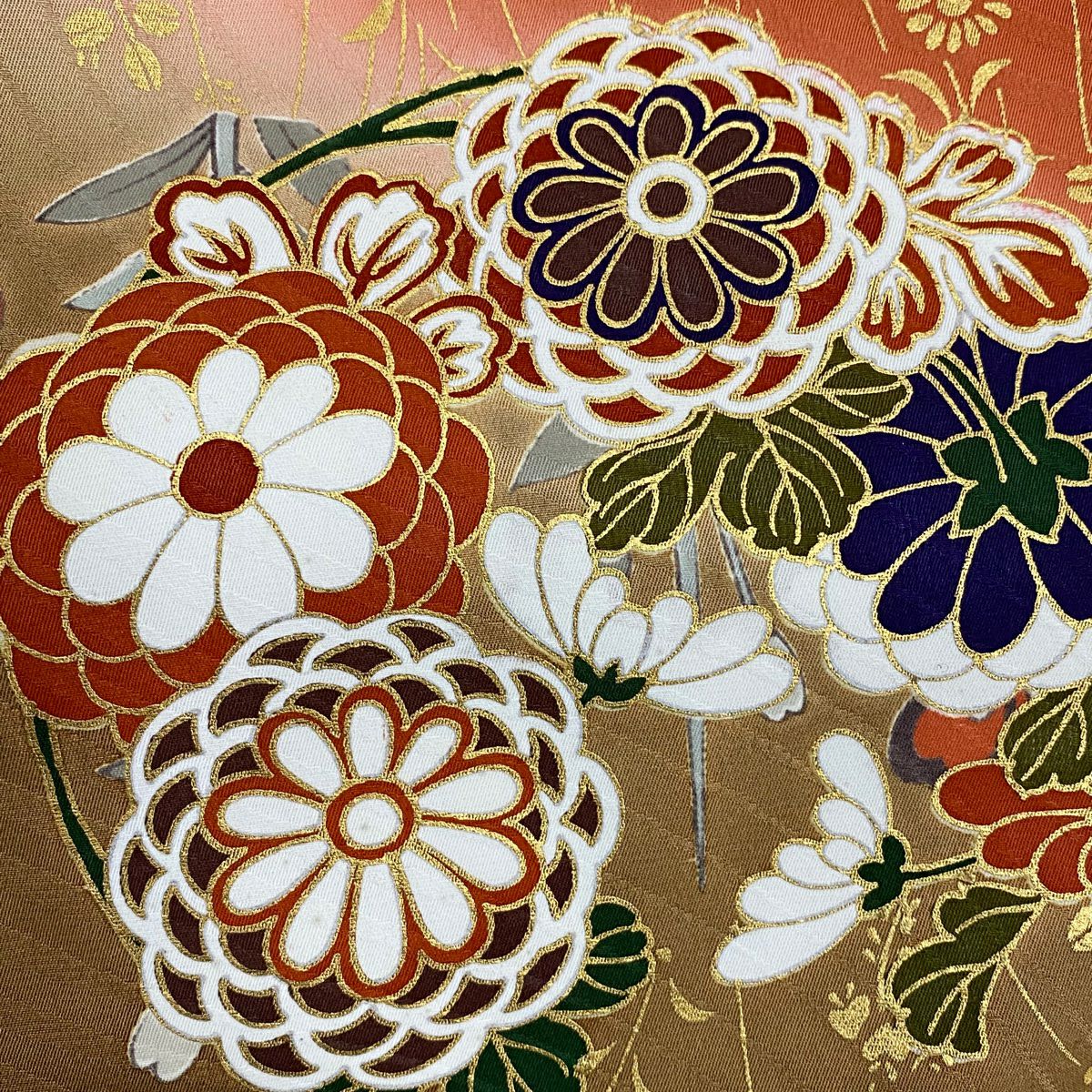 振袖禮服 身長166cm 袖長68cm L 雙層 花丸紋 草花紋紋 金彩裝飾 漸層 紅茶 純蠶絲 名品級