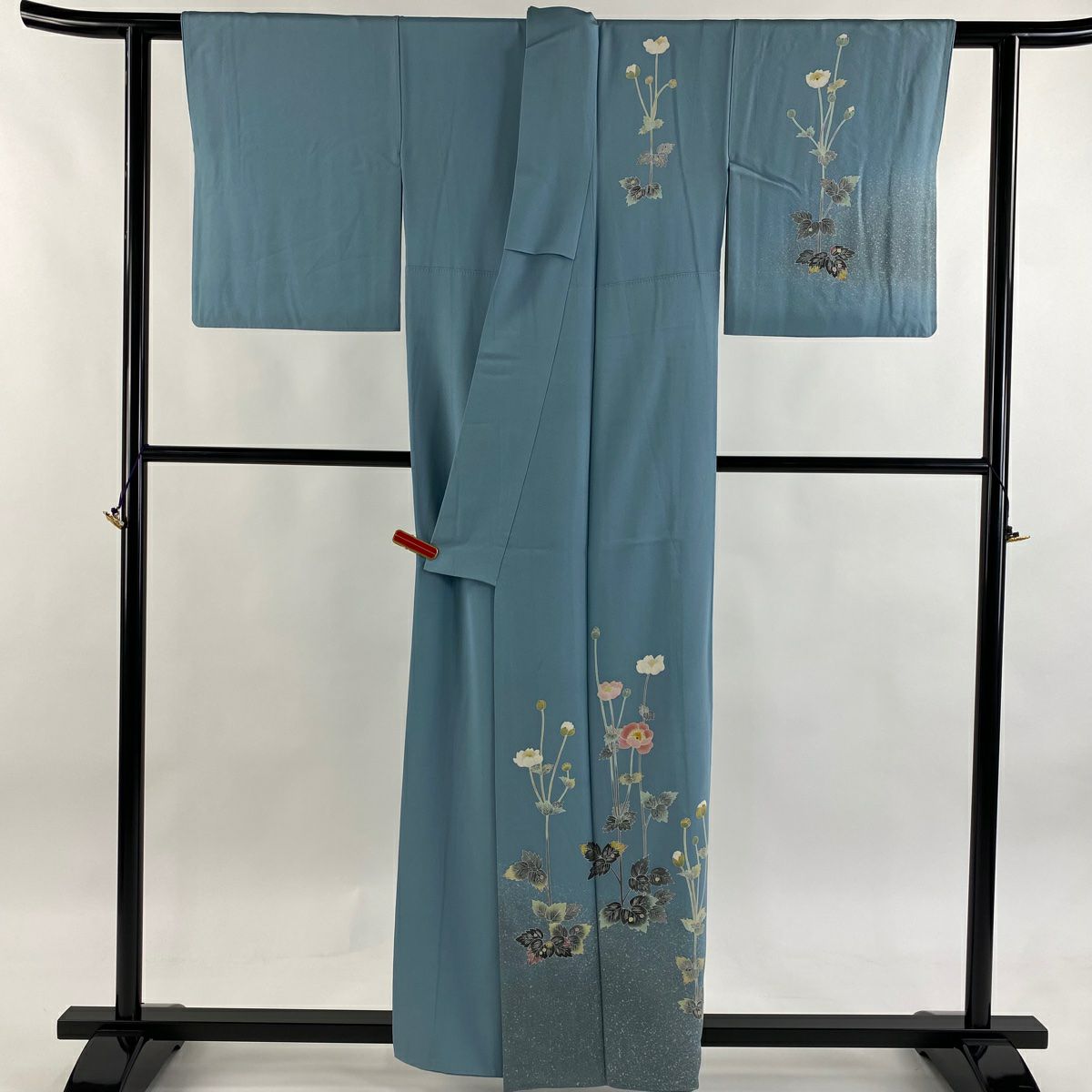 付下 身長157cm 袖長62cm S 雙層 人間國寶 羽田登喜男 落款 草花紋紋 漸層 水藍 純蠶絲 逸品級 一個紋