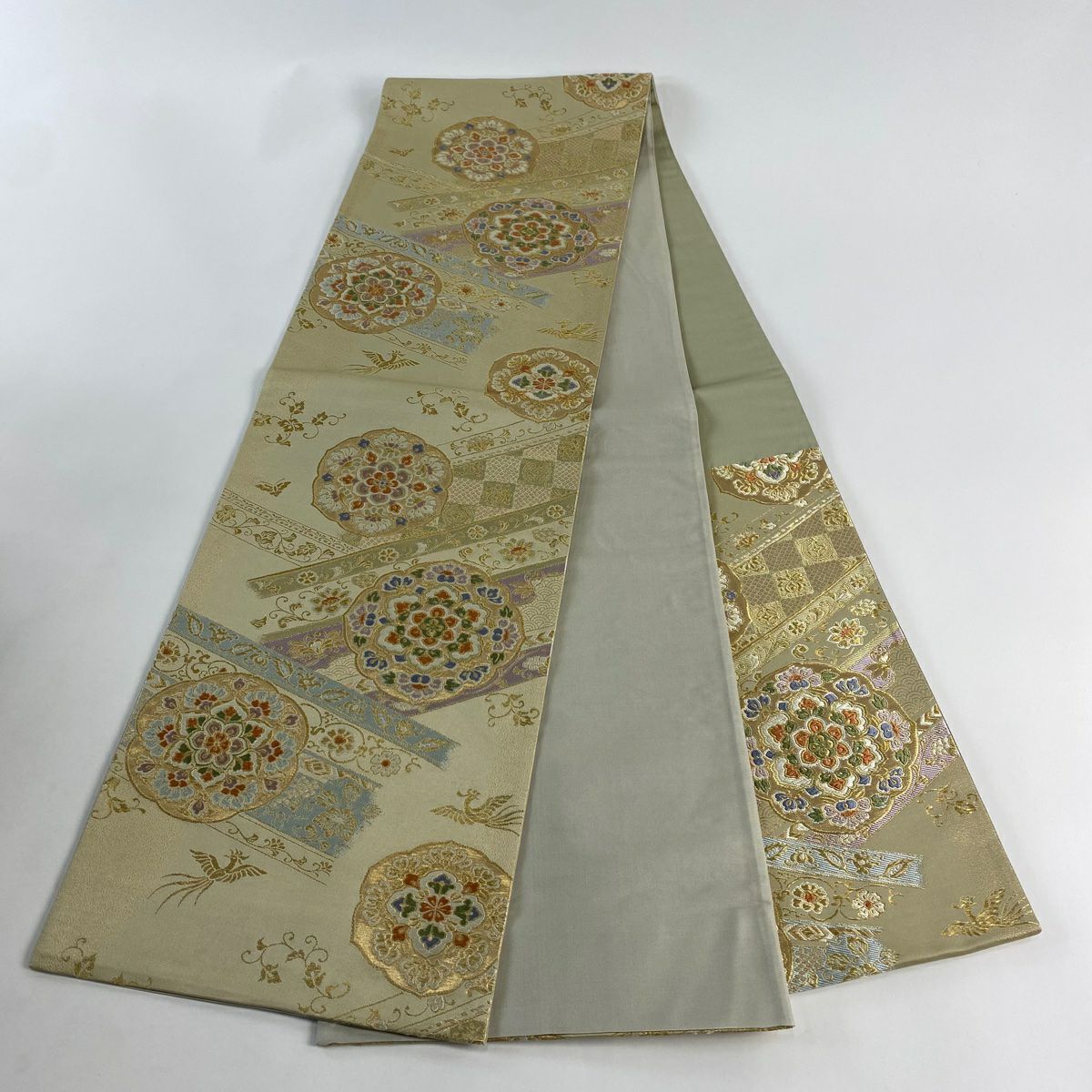 【美品】 袋帶 秀品級 華紋 花鳥 金絲 金金箔 淺茶 深色 六通 純蠶絲