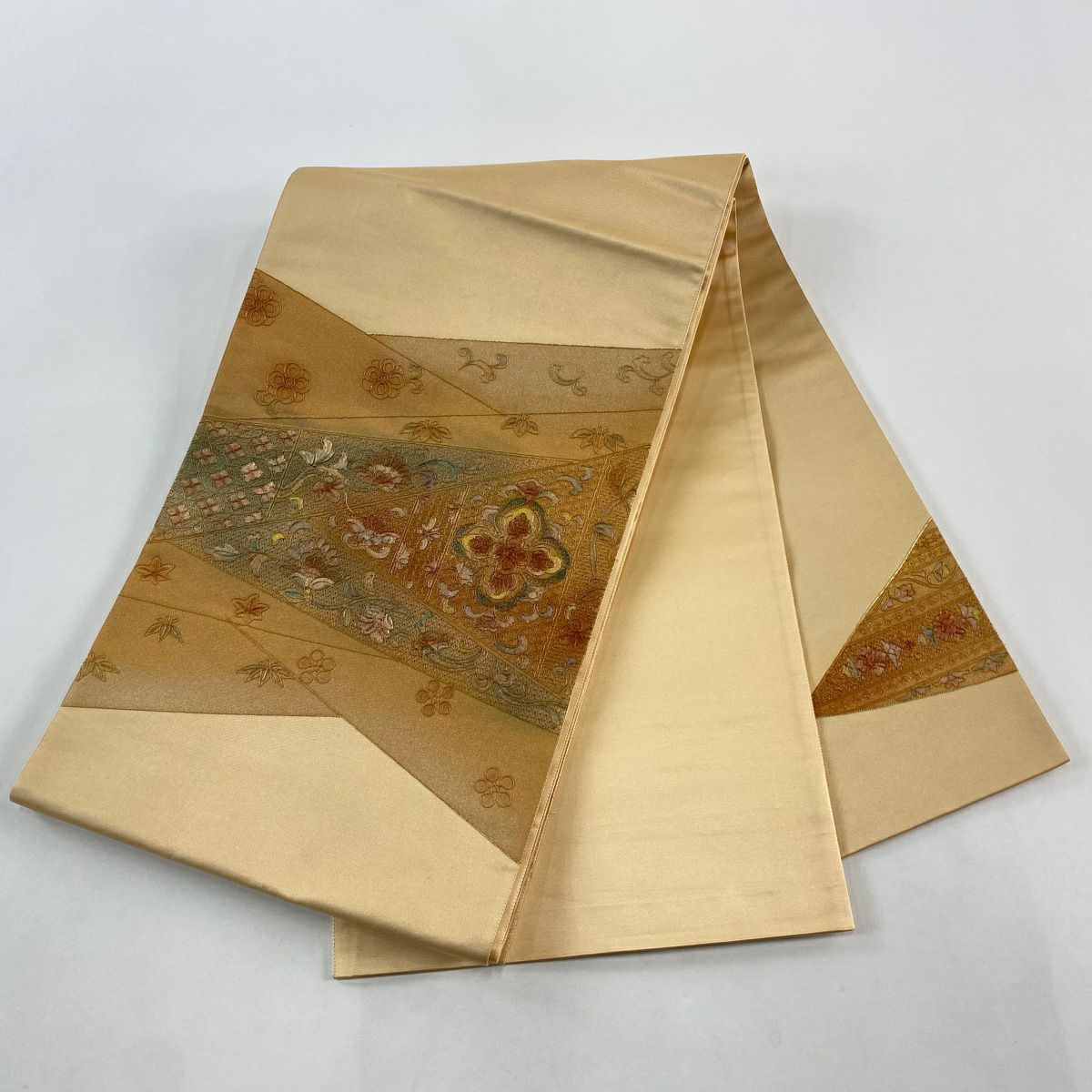 【美品】 袋帶 秀品級 華紋 草花紋 金銀彩 金絲 薄茶 細鼓圖案 純蠶絲