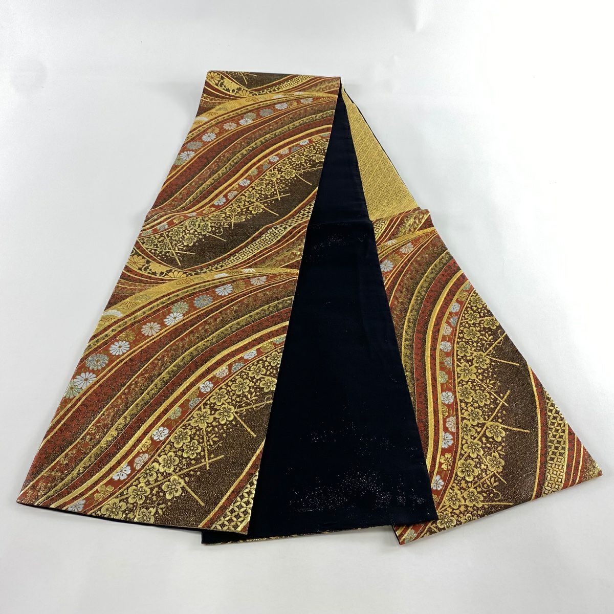 【美品】 袋帶 秀品級 松樹竹子梅花 菊花唐草紋 金金箔 金絲 紅茶 六通 純蠶絲