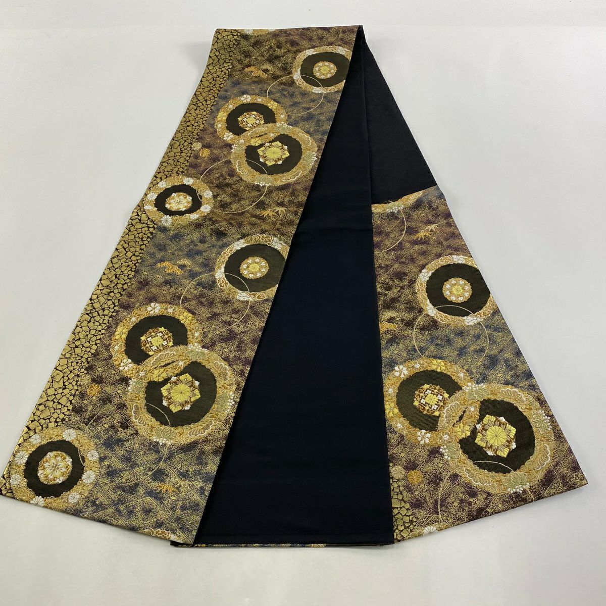 【美品】 袋帶 逸品級 じゅらく 落款あり 華紋 松樹竹子梅花 金絲 金金箔 金色 六通 純蠶絲