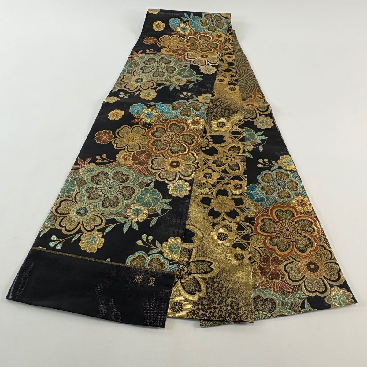 【美品】 袋帶 秀品級 櫻花 金線 金金箔 黑 六通 純蠶絲