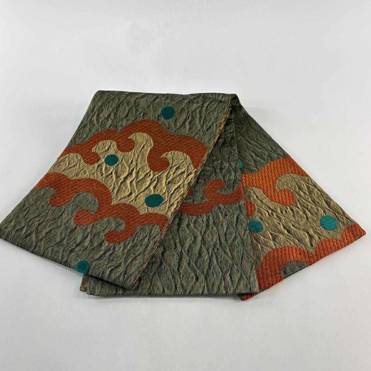 【美品】 袋帶 秀品級 波頭 金糸 綠色 お太鼓圖案 純蠶絲