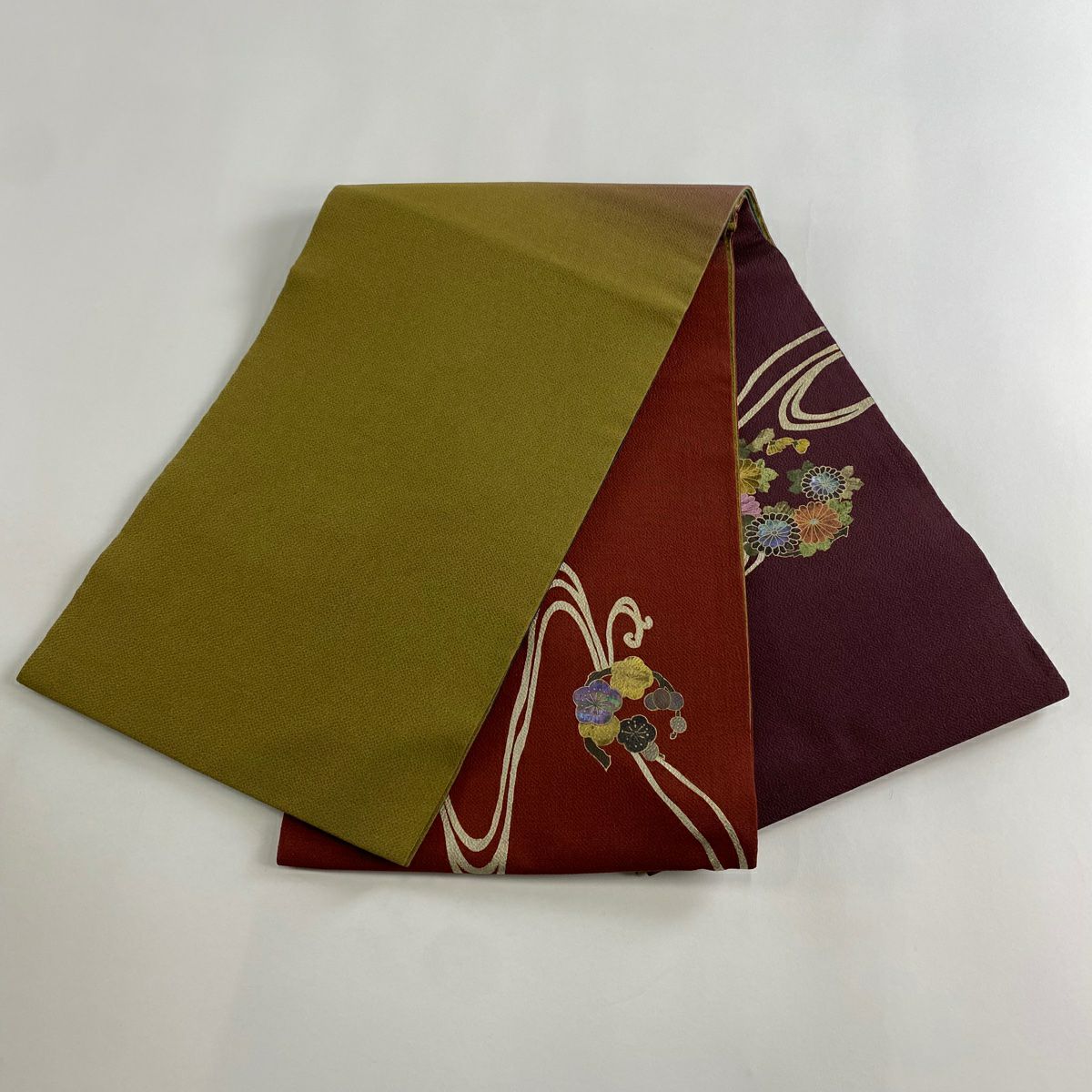 【美品】 袋帶 名品級 梅花 菊花 金銀彩 螺鈿 紫色 大鼓圖案 純蠶絲