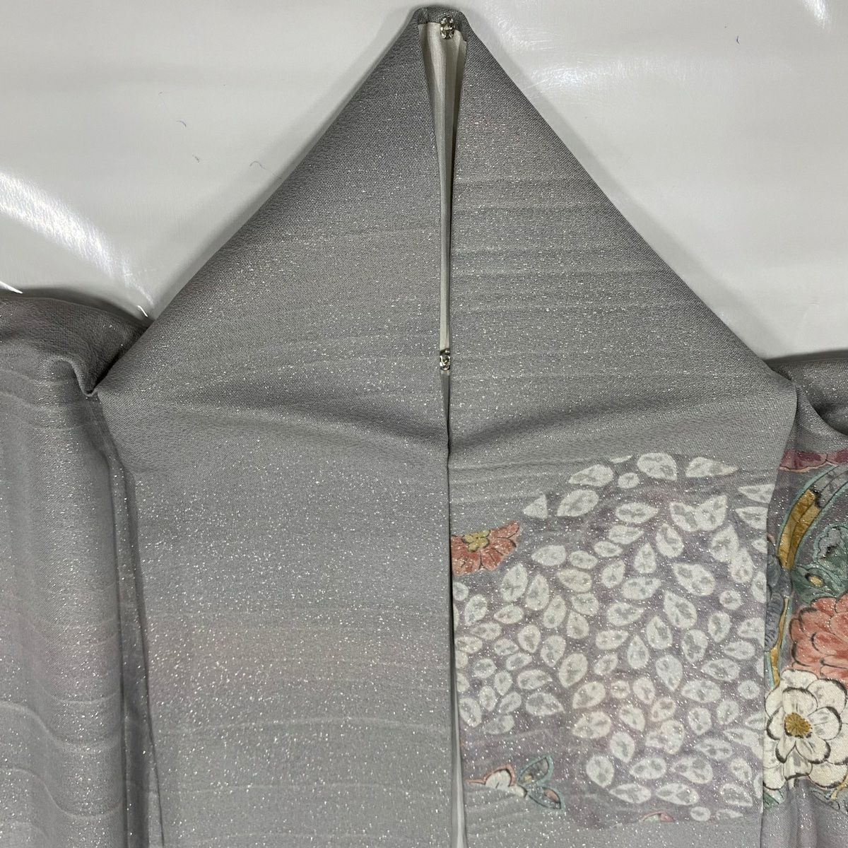 【美品】訪問服 身長160.5cm 袖長66cm M 雙層 草花紋紋 雲文 銀通し 灰色 純蠶絲 名品級