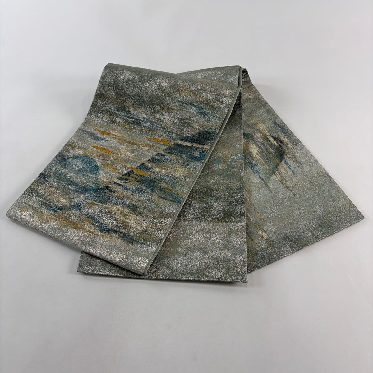【美品】 袋帶 秀品級 山霞 金絲 金銀彩 灰綠 お太鼓圖案 純蠶絲
