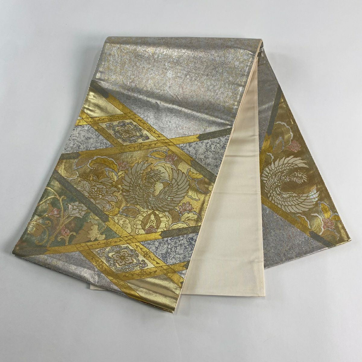 【美品】 袋帶 秀品級 鳥 草花紋 螺鈿金金箔 金銀彩 純蠶絲