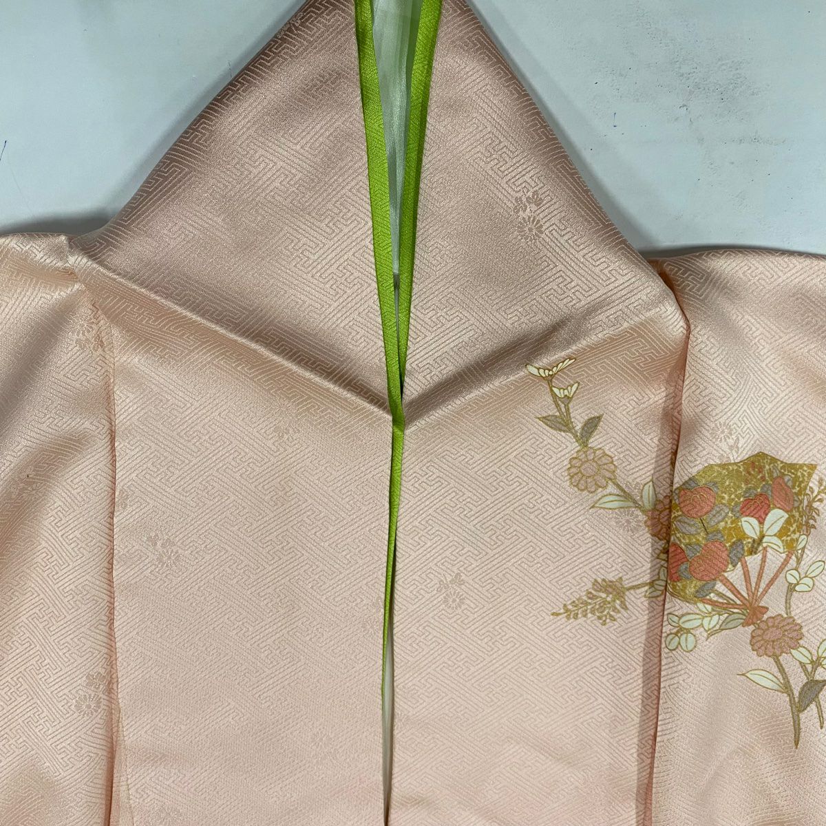 訪問服 身長161.5cm 袖長66.5cm M 雙層 扇子 花筏 金絲 金銀彩 鮭粉色 純蠶絲 秀品級
