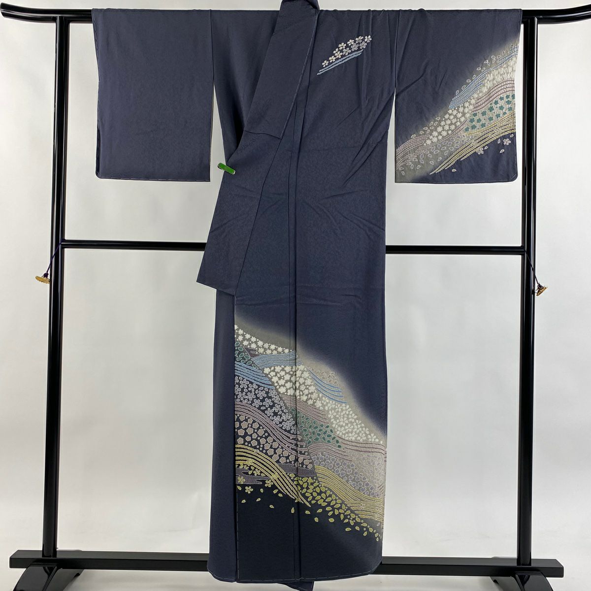 付下 身長152.5cm 袖長66cm M 雙層 落款有 櫻花 波 刺繡 絞染 青灰 純蠶絲 逸品級