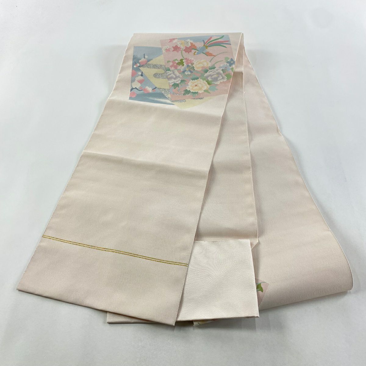 【美品】 名古屋帶 名品級 松樹葉仕立 八寸名古屋帶 色紙 花鳥 金銀彩 薄粉紅 純蠶絲