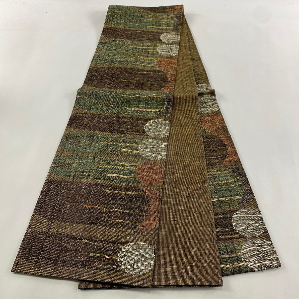 【美品】 袋帶 名品級 幾何學 金絲 金金箔 茶 六通 純蠶絲