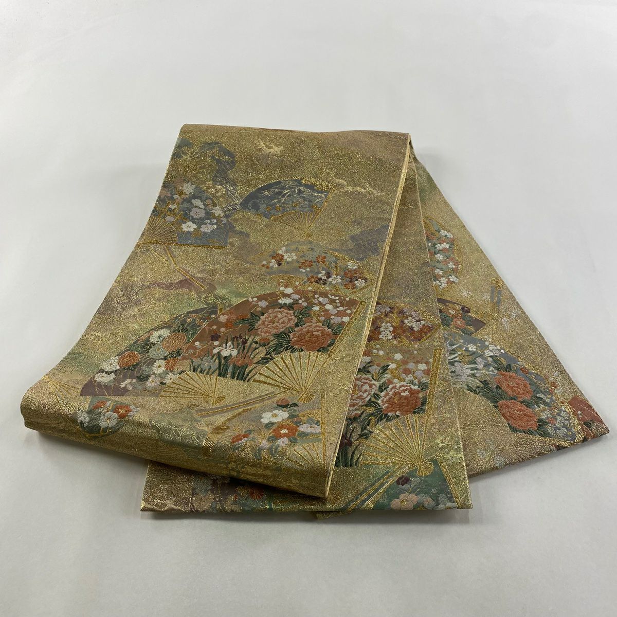 【美品】 袋帶 名品級 扇子畫四季草花紋紋 六歌仙色紙紋 金銀絲 金金箔 金色 大鼓圖案 純蠶絲