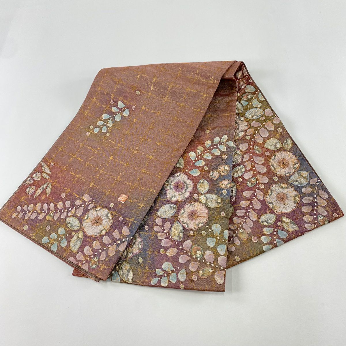 【美品】 袋帶 名品級 附落款 辻花染 格子 金金箔 紅茶 大鼓圖案 純蠶絲