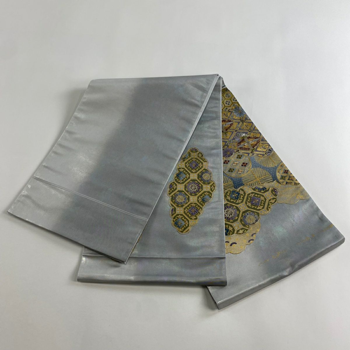 【美品】 袋帶 名品級 向仙鶴 蜀江華紋 金絲 刺繡 銀色 大鼓圖案 純蠶絲