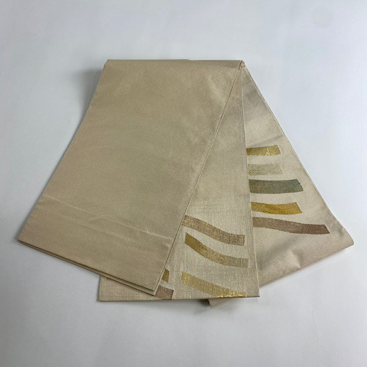 【美品】 袋帶 秀品級 幾何圖案 金金箔 金銀線 奶油色 大鼓圖案 純蠶絲