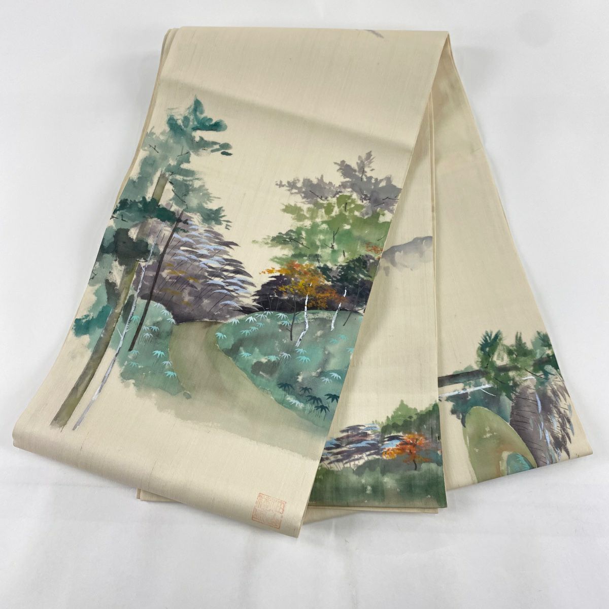 【美品】 袋帶 秀品級 落款 夏帶 紬織織 風景 樹木 奶油色 お太鼓圖案 純蠶絲