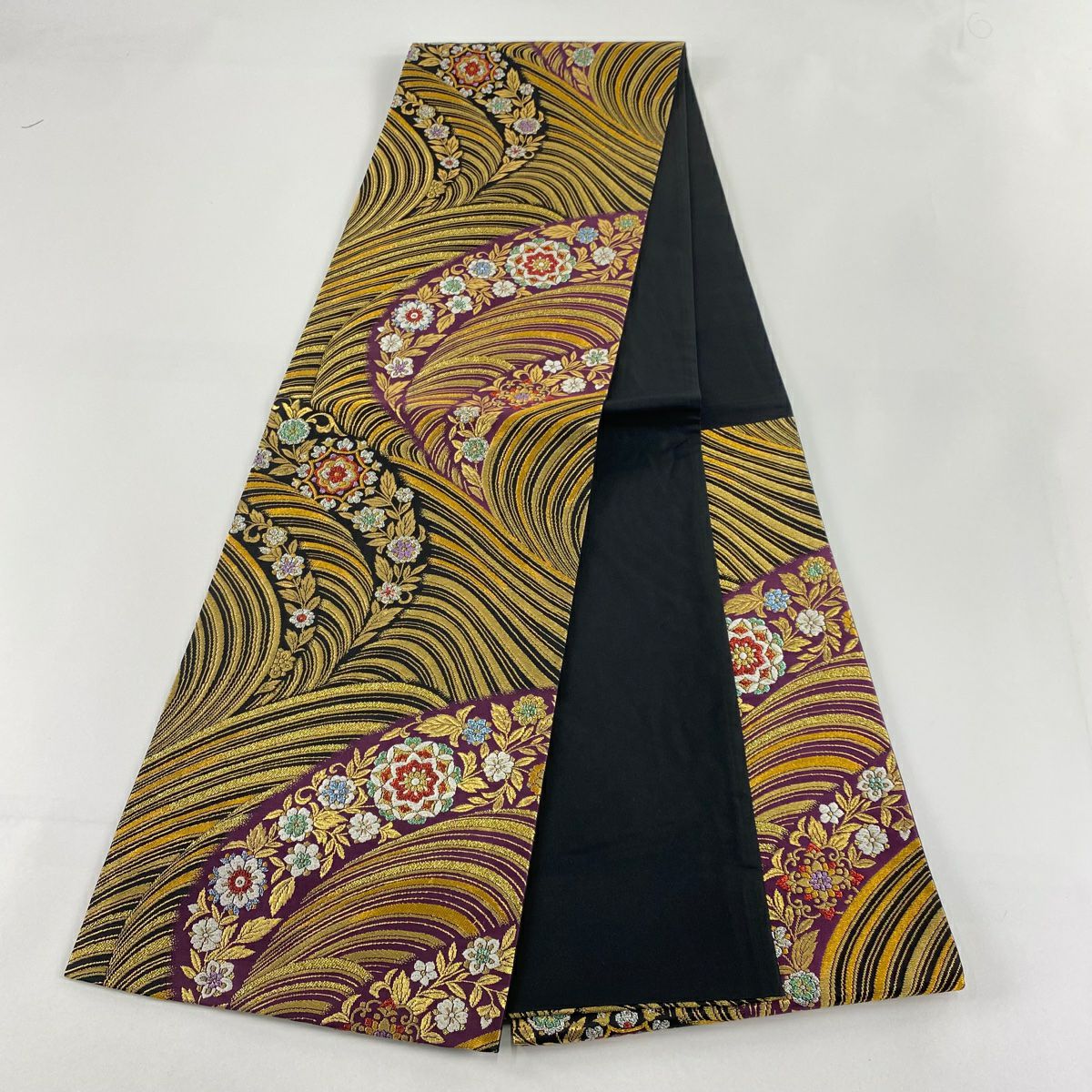 【美品】 袋帶 秀品級 鈴乃屋 華紋 草花紋紋 金糸 金金箔 紫 六通 純蠶絲