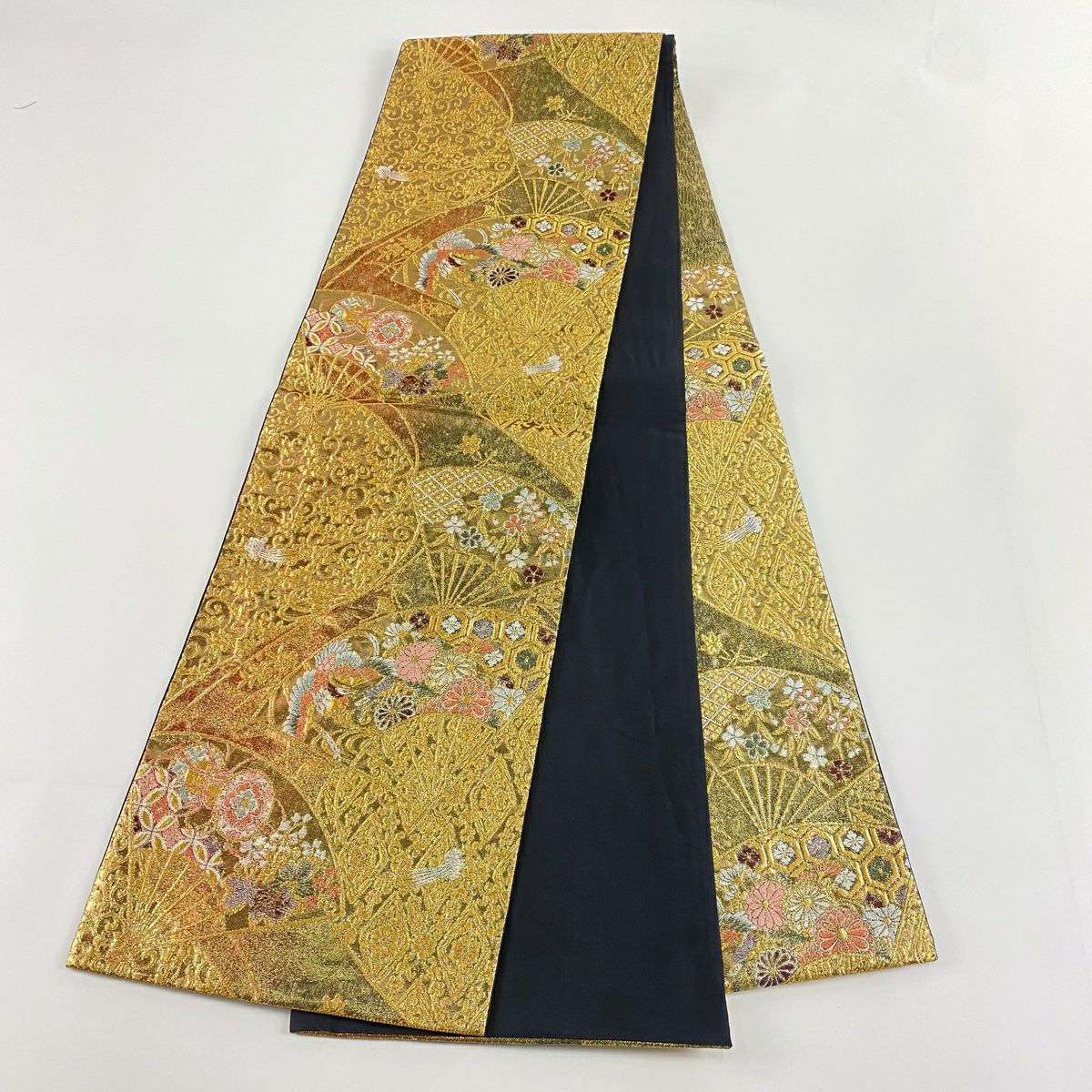 【美品】 袋帶 秀品級 扇子 花鳥 金金箔 金色 六通 純蠶絲