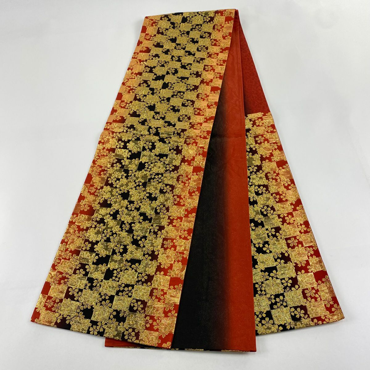 【美品】 袋帶 秀品級櫻花 市松樹 金絲 金金箔 朱紅 六通 純蠶絲
