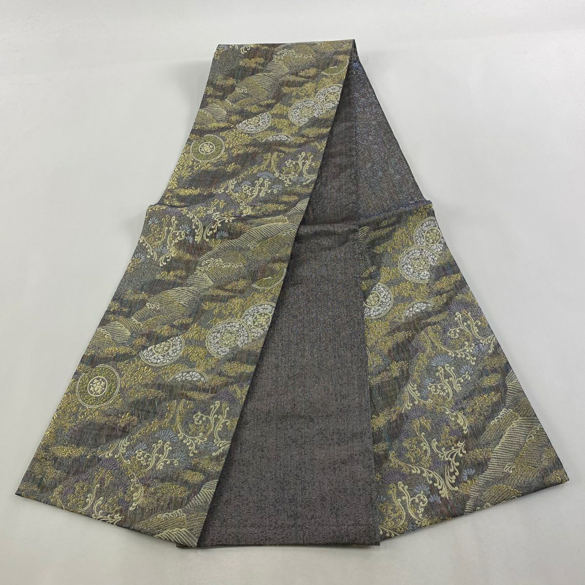 【美品】 袋帶 秀品級 花唐草紋 波 金絲 灰紫 六通 純蠶絲