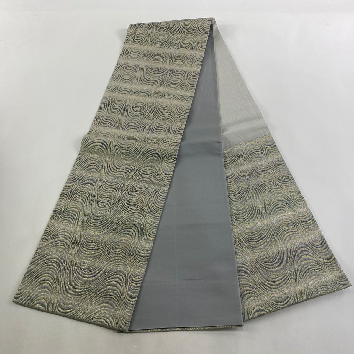 【美品】 袋帶 秀品級 段紋 幾何圖案 金金箔 綠 六通 純蠶絲
