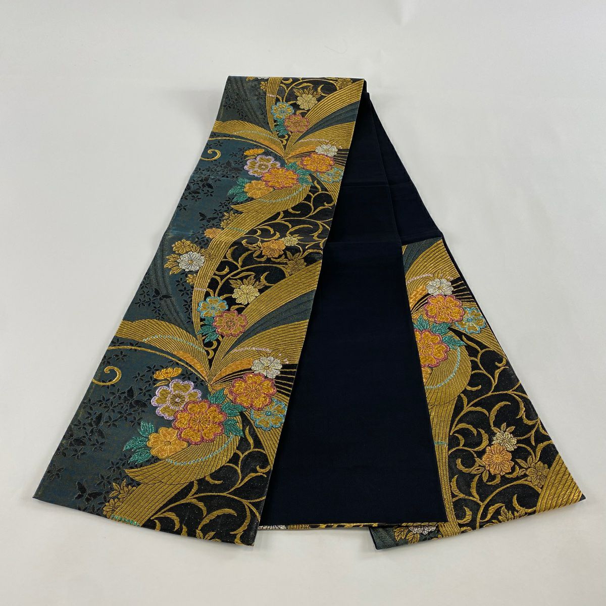 【美品】 袋帶 秀品級 樱花 蝴蝶 金絲 金金箔 深綠 六通 純蠶絲