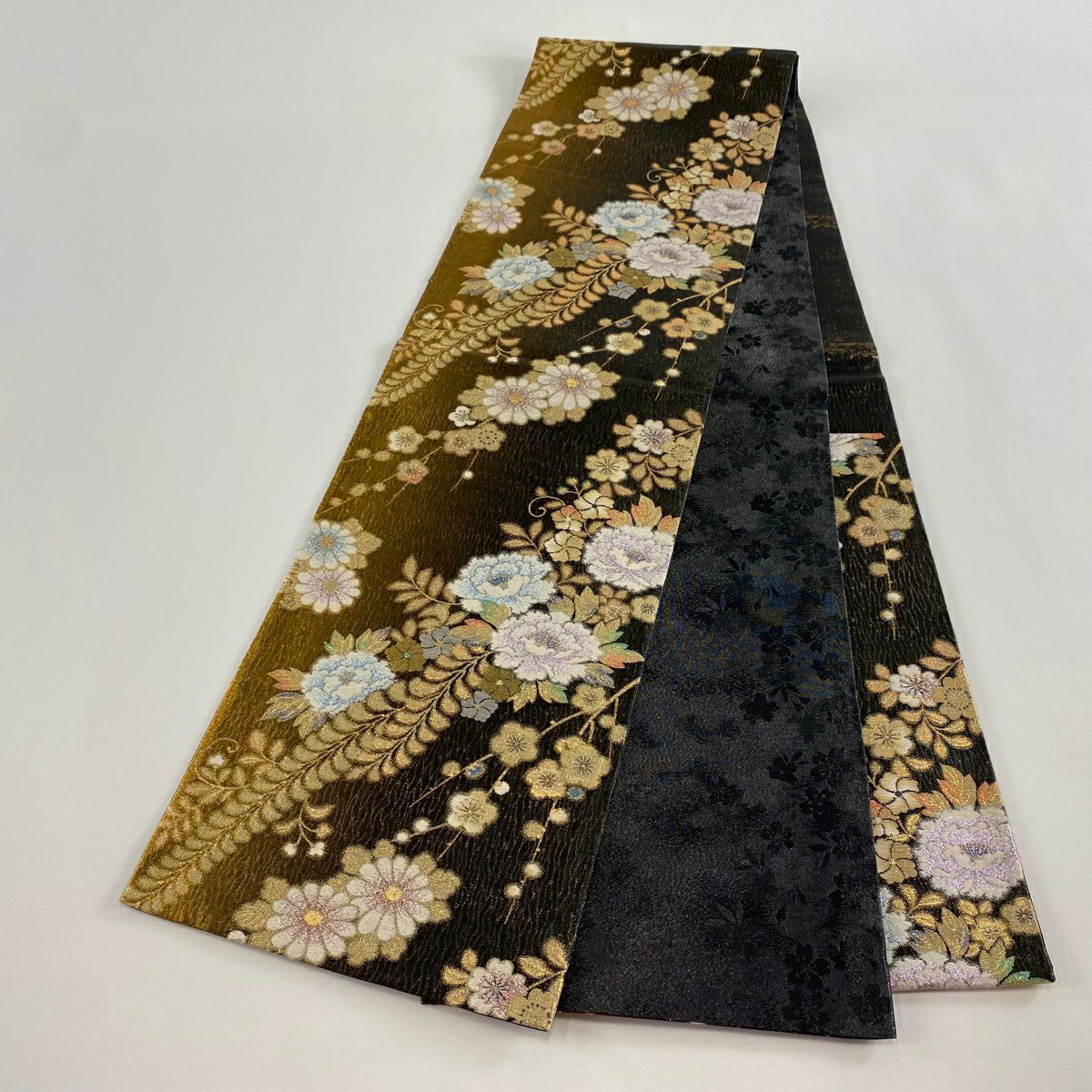 【美品】 袋帶 秀品級 梅花 牡丹 金金箔 墨 六通 純蠶絲