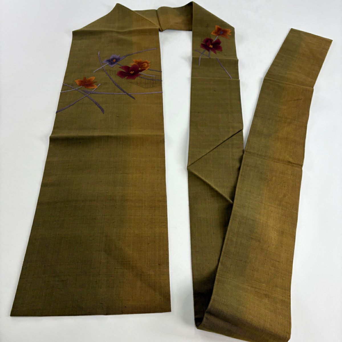 【美品】名古屋帶 秀品級 紬織織 花 刺繡 茶綠 純蠶絲