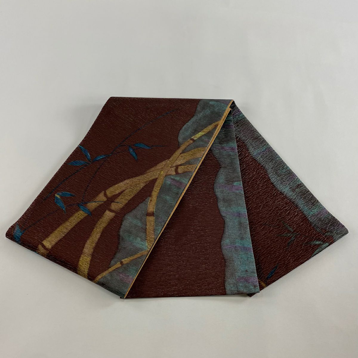 【美品】 袋帶 秀品級 竹子 葉紋 金銀彩 焦茶 純蠶絲
