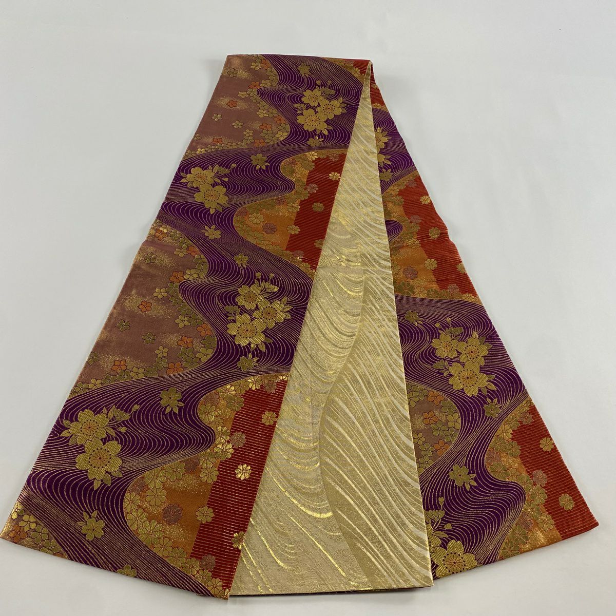 【美品】 袋帶 優品級 振袖禮服禮服用 櫻花 流水 金絲 金金箔 紫色 全通 純蠶絲