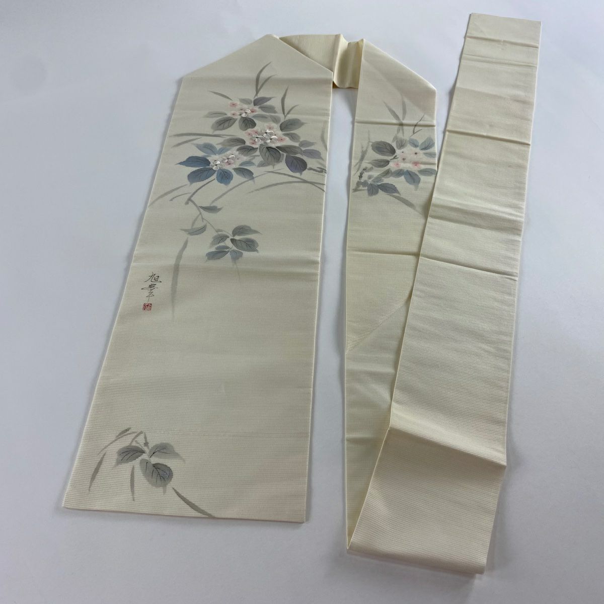 名古屋帶 秀品級 落款 夏帶 絽 草花紋刺繡 金銀彩 奶油色 純蠶絲