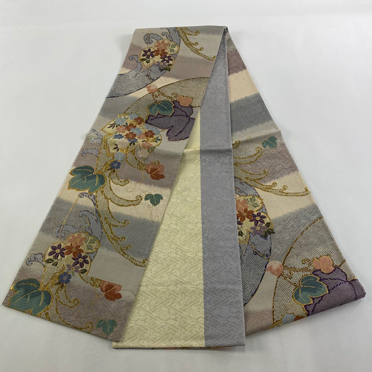 【美品】 袋帶 秀品級櫻花葉刺繡金線灰紫六通純蠶絲