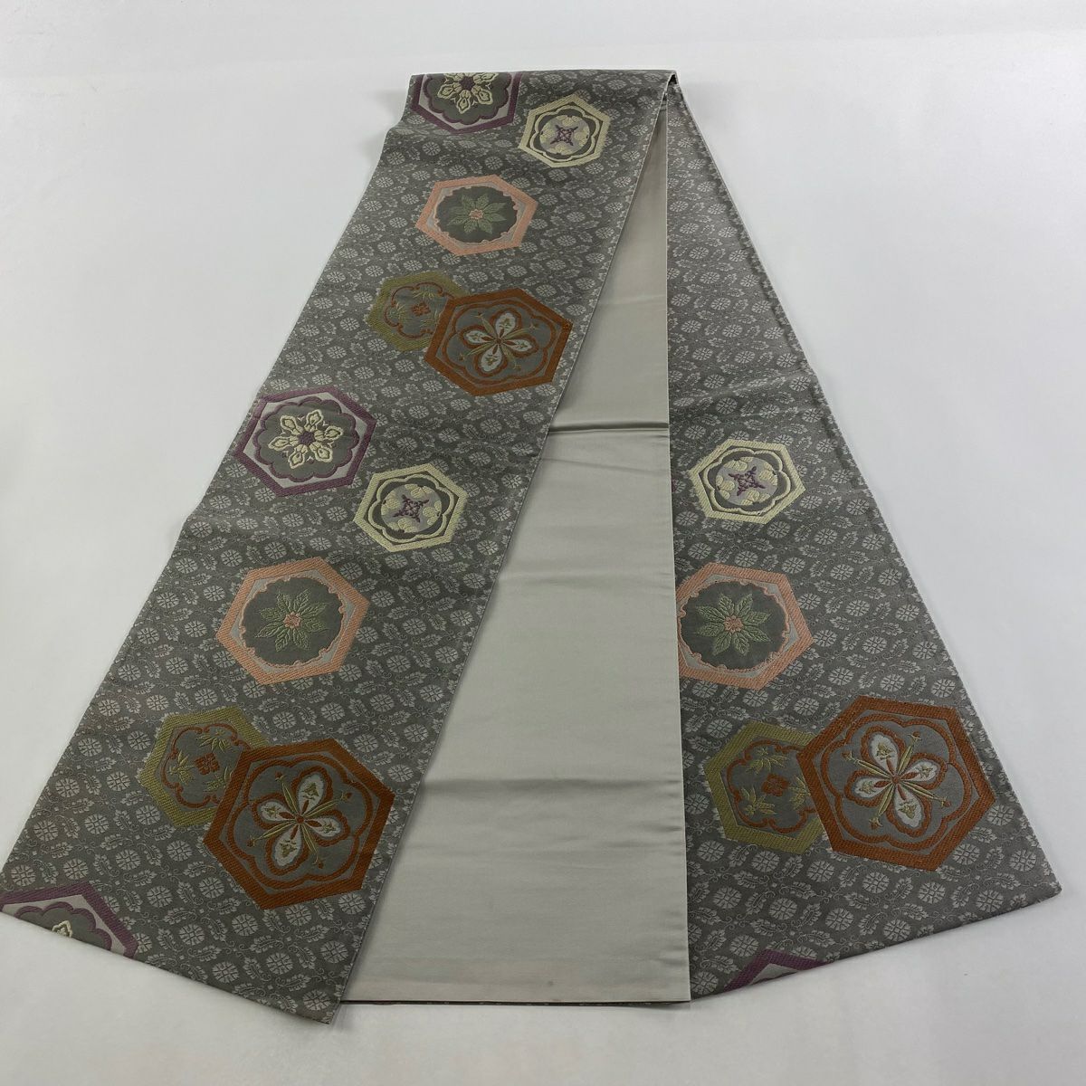 袋帶 秀品級 龜甲花 刺繡 灰 深藍 六通 純蠶絲