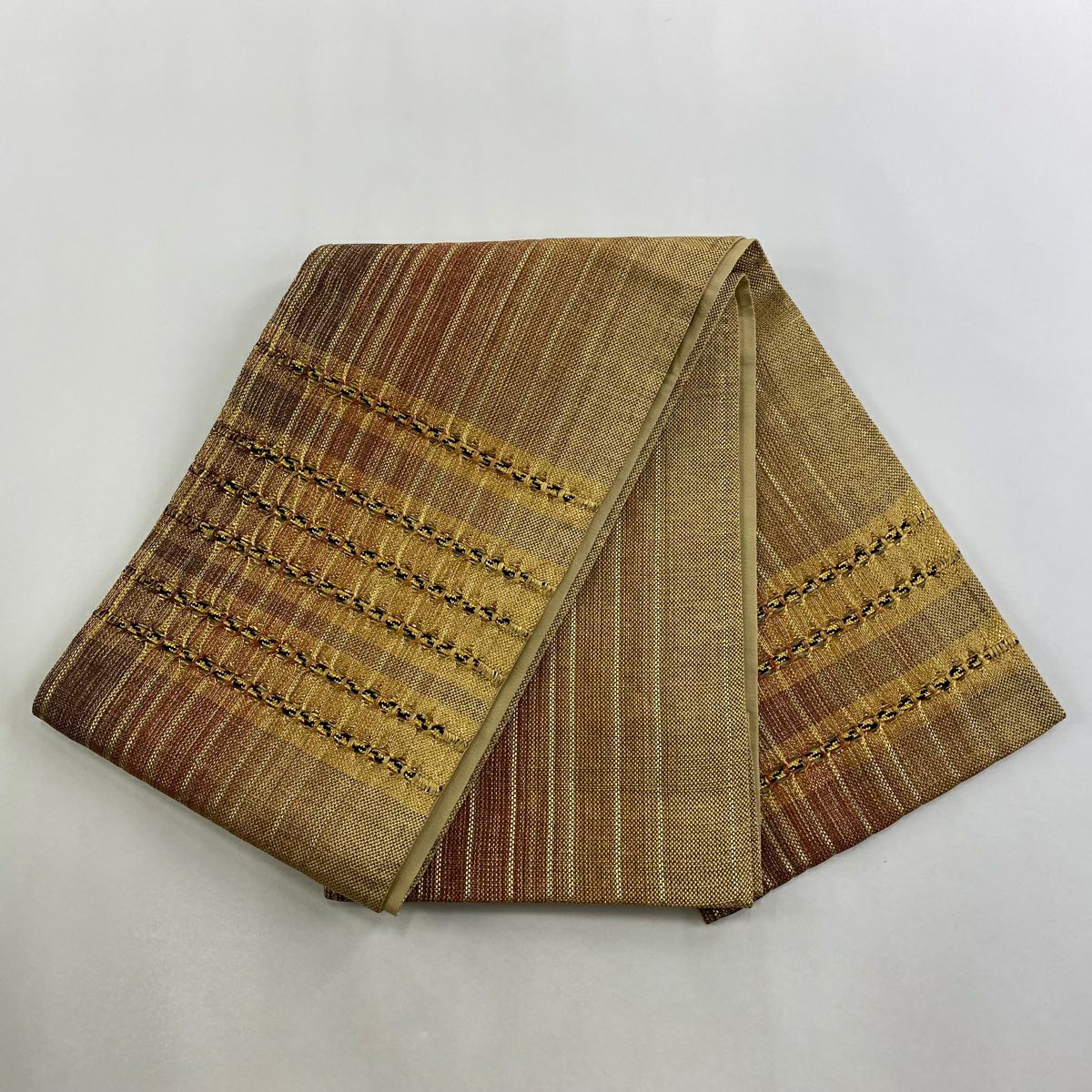 【美品】 袋帶 秀品級 縞 金糸 金金箔 紅茶 お太鼓圖案 純蠶絲