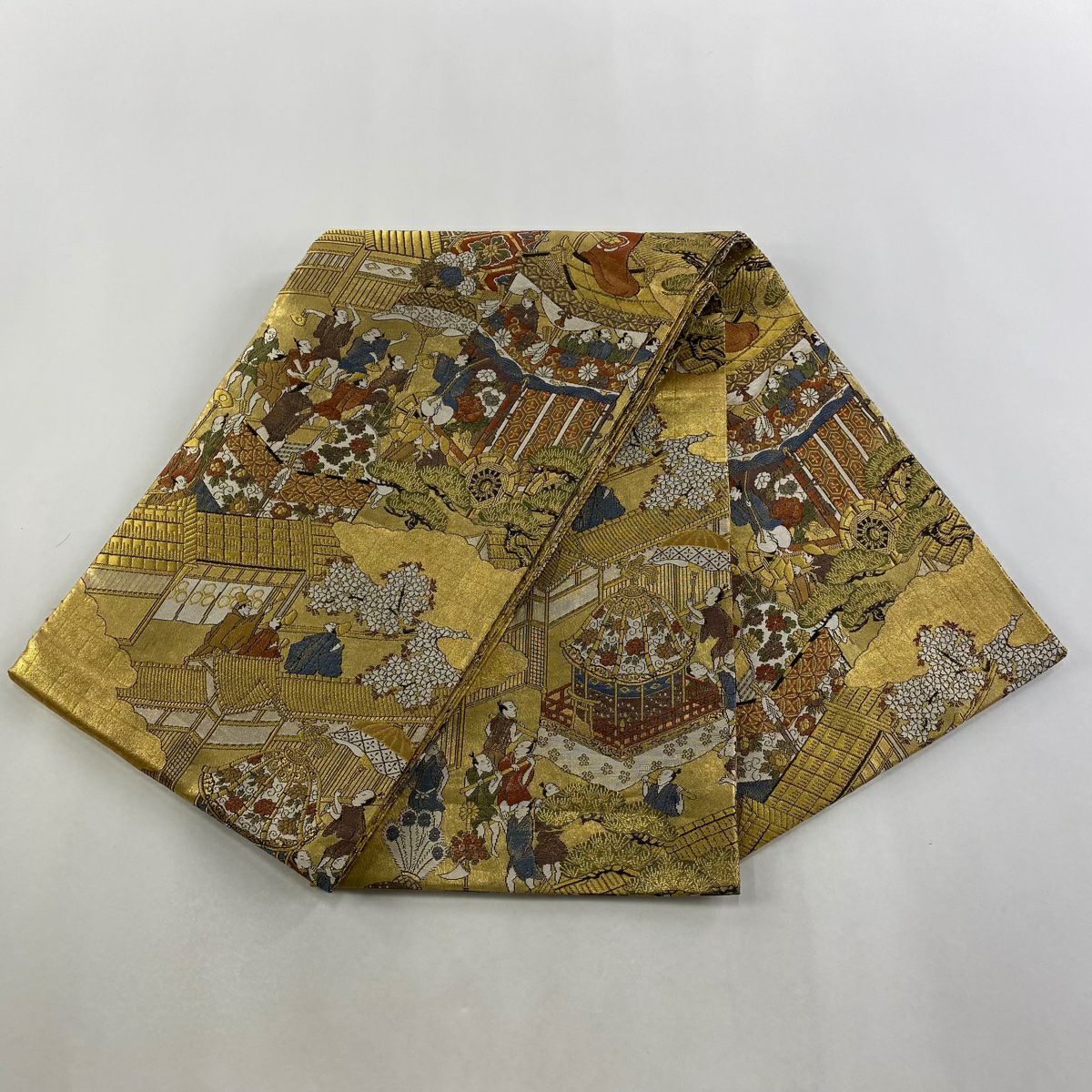 【美品】 袋帶 秀品級 山鉾 人物 金絲 金金箔 金色 全通 純蠶絲