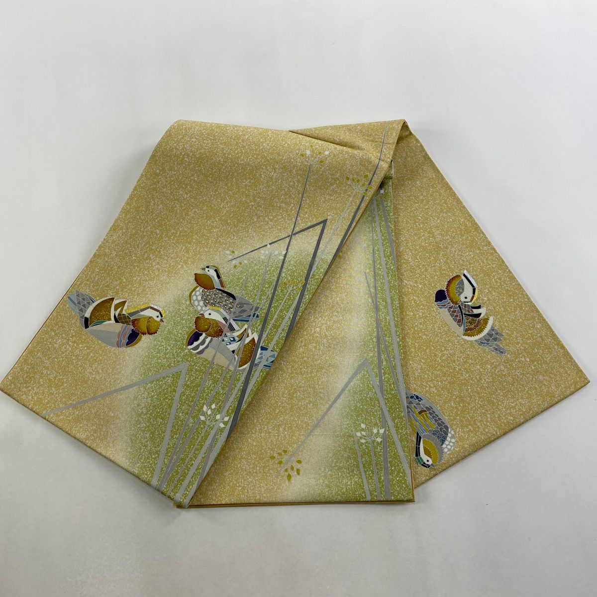 【美品】 袋帶 名品級 鴛鴦 草花紋紋 金銀彩 金金箔 米色 大鼓圖案 純蠶絲