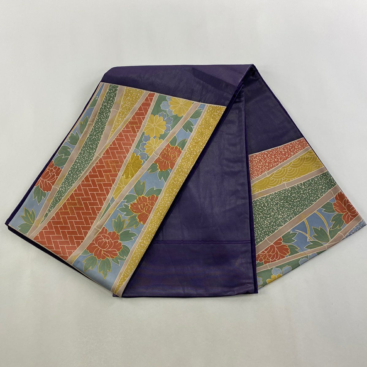 袋帶 名品級 牡丹 菊花 刺繡 金絲 紫色 お太鼓圖案 純蠶絲